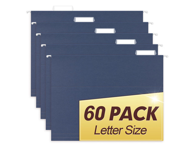 Hanging File Folders, 60 Pack Reinforced Letter Size Hanging Folders, Designed for Bulky Files, Filing Cabinet, 1/5-Cut Adjustable Tabs (Blue)