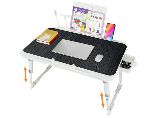 Laptop Desk for Bed, Adjustable Height Laptop Bed Table, Foldable Lap Desk with USB Charge Port, Desktop Card Slot, Side Drawer, Book Shelf,...