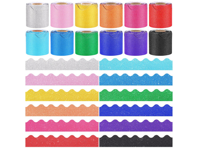 12 Rolls 393.6 Feet Scalloped Bulletin Board Borders Glitter Mixed Colors Classroom Borders for Bulletin Board Trim Bulletin Border Decoration...