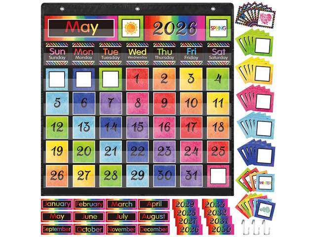 Classroom Calendar Pocket Chart Set Calendar Bulletin Board Set with Pocket Seasons Festival Weather Date Bag Chart for Classroom Decoration Back...