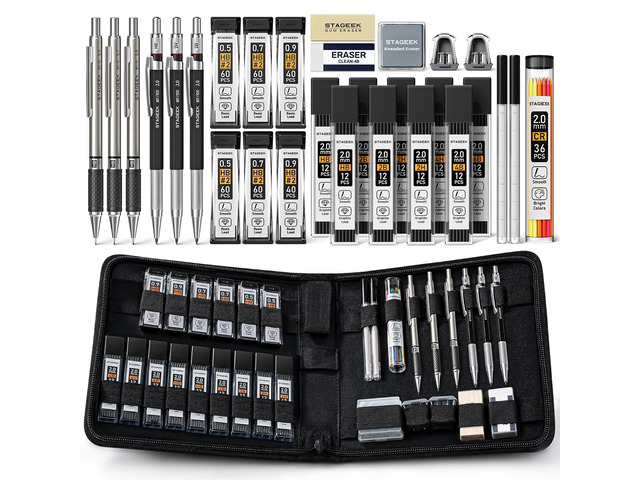 30PCS Mechanical Pencil Set with Canvas Bag, 0.5, 0.7, 0.9 2mm Drawing Pencils with 464PCS Lead Refills (6B 4B 2B HB 2H 4H Color), Erasers,...