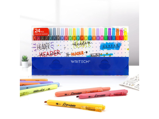 Retractable Highlighters Chisel Tip: Assorted Colors 24ct Set Multi Color Ink Mild Vintage Neon Pastel Big Pack No Bleed & Smear for Highlighting...