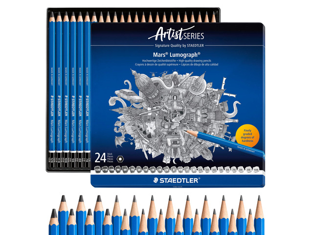 Mars Lumograph Drawing Pencils: Set of 24 in Metal Case - Presharpened Graphite Art Pencils - Hardness Grades 12B-10H - For Drawing, Shading,...
