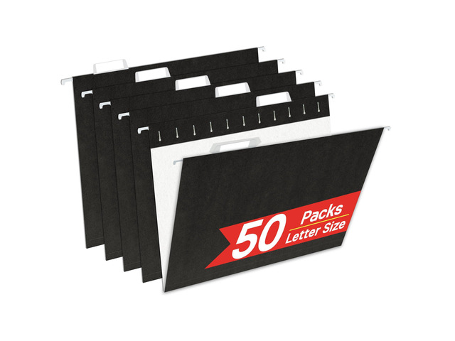 50 Pack Hanging File Folders,Letter Size 8.5x11 Inch,Black Hanging Folders for Filing Cabinet,Reinforced Rods for Smooth Gliding,1/5 Adjustable...