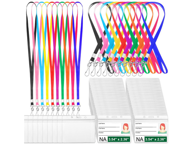 200 Sets Name Tag Lanyards Bulk, Plastic Badge Holders, Multicolor Clear Plastic Horizontal Lanyard,Cruise Necklace,with ID Badge Holder,for...