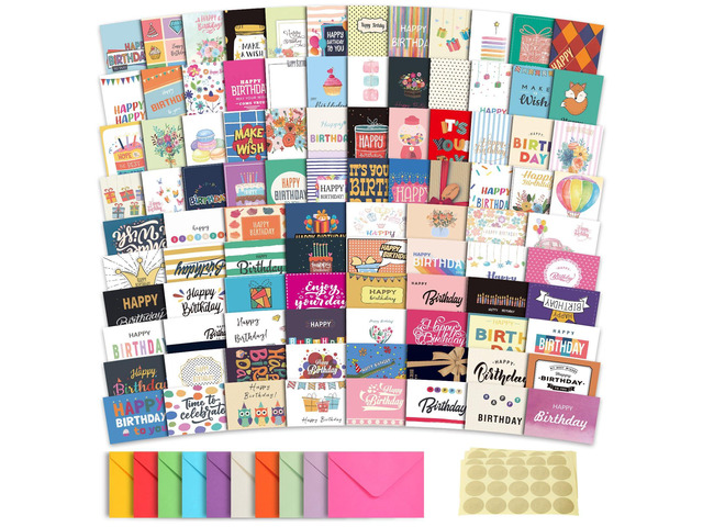 100 Unique Birthday Cards with Envelopes - Assorted Happy Birthday Cards, 4 x 6 inches, Envelopes & Stickers in Bulk Boxed Set