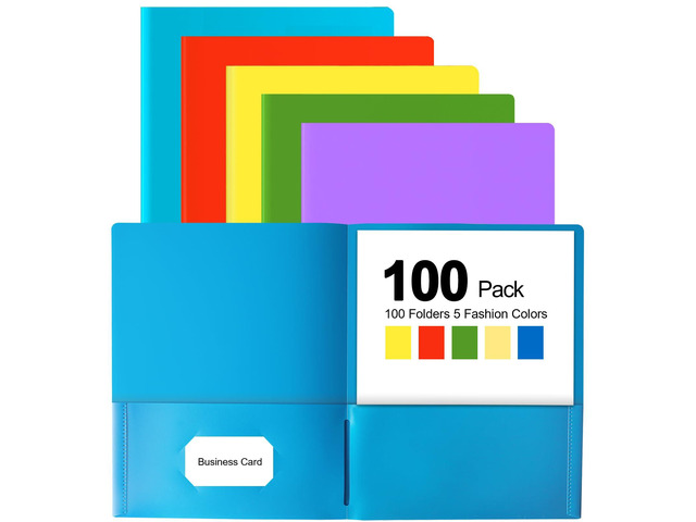 100 Folders with Pockets, 5 Color Heavy Duty Plastic Two Pocket Folder with Business Card Holder for Office High School Business Resume