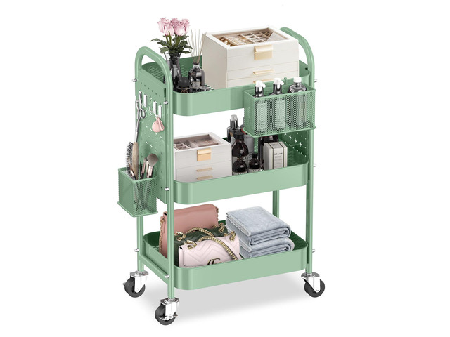 3 Tier Metal Rolling Utility Cart with Pegboards,Baskets,Hook,Green More Storage Craft Cart with Pegboards,Lockable Wheels,Hooks & Baskets to...