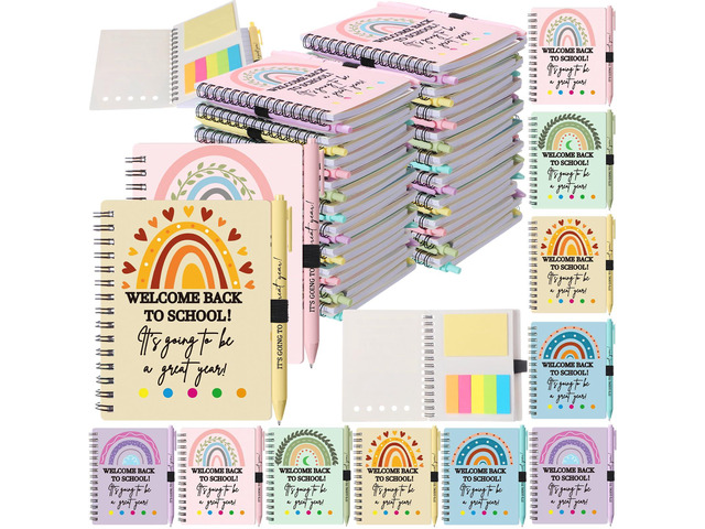 100 Pcs Welcome Back to School Gifts Bulk Spiral Notebooks Pens Notepads with Sticky Notes Motivational Pens, First Day of School Party Favor for...