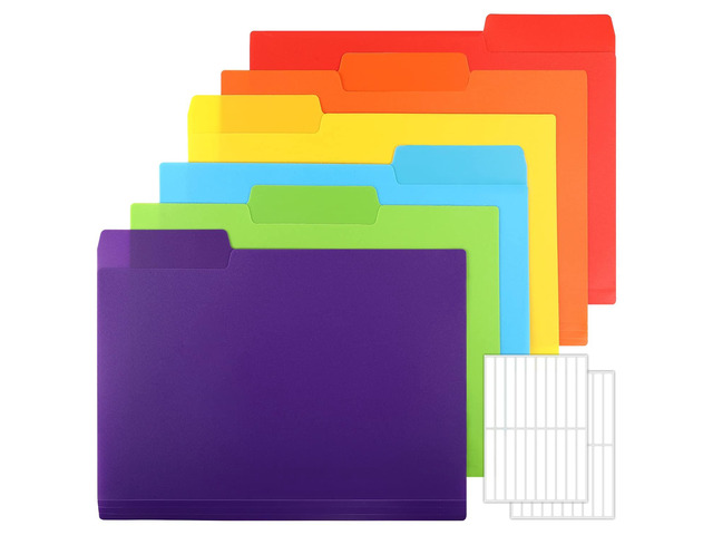 30pcs Colored File Folders, 9'' x 11.6'' Manilla Folders, Plastic File Folders, 3 Tab Poly Folder, 6 Colors with 40pcs Erasable Category Labels,...
