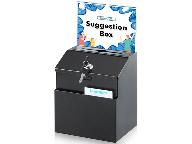 Suggestion Box with Slot and Lock, Acrylic Sign Holder, Black Employee Comments, 50 Suggestion Cards, Steel Construction, 2 Keys, Wall-Mount or...