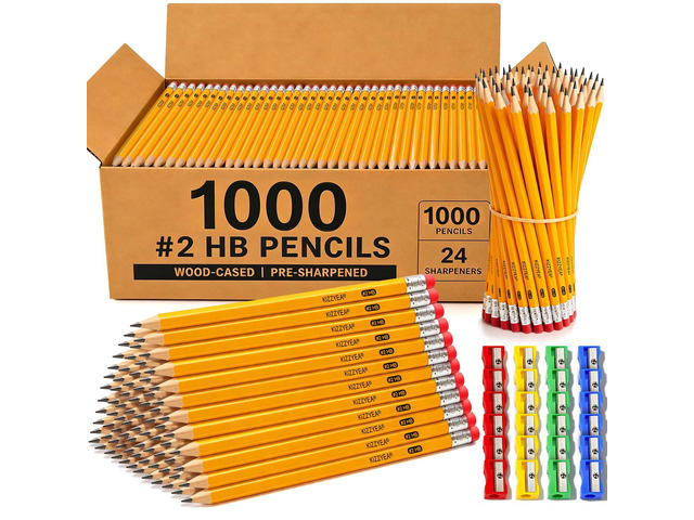 Wood-Cased #2 HB Pencils Bulk Pack 1000 Pencils Pre-Sharpened 24 Sharpeners Pencils Bulk, Classroom Use, Back to School Supplies, Writing Drawing...