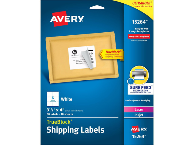 White Shipping Labels Sure Feed Technology True Block 3-1/3' x 4' 60 Labels, Pack of 5