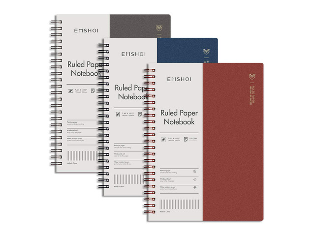 Lined Spiral Journal Notebook, 3 Pack, 480 Pages, B5 (7.4' x 10') College Ruled, 100 GSM Thick Paper, Flexible Plastic Cover, for School, Student,...