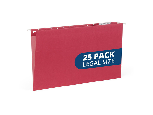 25 Hanging File Folders, Legal Size, Red Reinforced 11pt, 1/5 Cut Tabs, Plastic Tabs and Inserts Included, for Filing Cabinet, Home, and Office Use