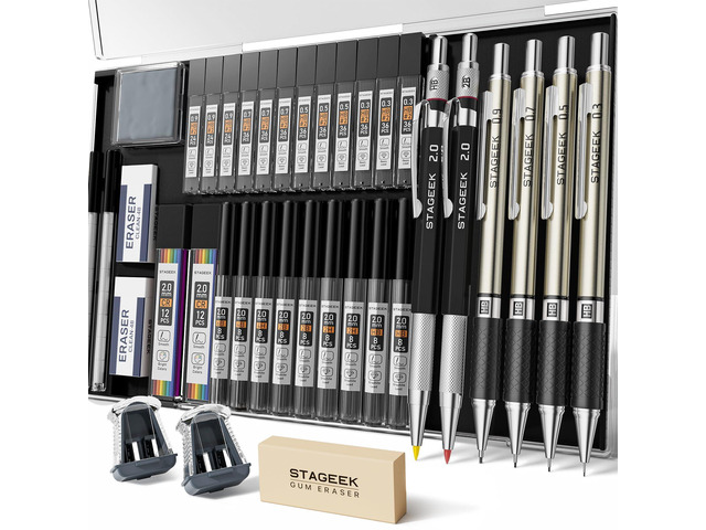 37PCS Mechanical Pencil Set with Case, 0.3, 0.5, 0.7, 0.9 2PCS 2mm Drawing Pencils with 492PCS Lead Refills (6B 4B 2B HB 2H 4H Color), Erasers,...