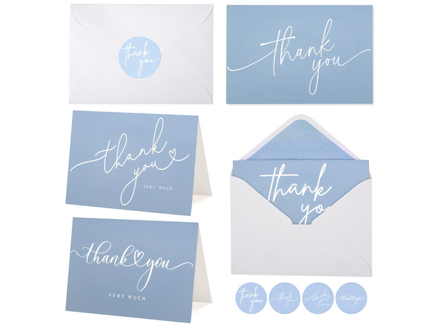 100 Bulk Light blue Thank You Cards with white Envelopes and stickers - 4 Minimalistic Designs Blank Thank You Notes with Envelopes for business...