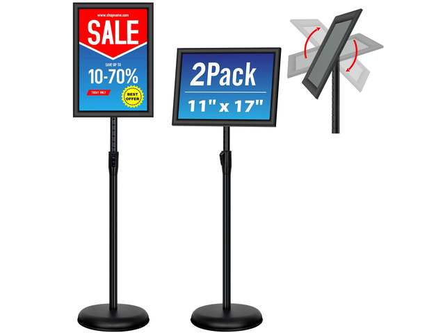 Adjustable Sign Holder Stand - 2Pack 11x17 Inch Pedestal Poster Sign Stand, Heavy Duty Floor Standing Sign Stand Aluminum Snap Open Frame for...