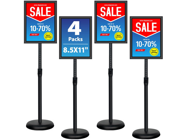 4 Pack Sign Holder Stands - 8.5 x11 inch Standing Sign Stand, Adjustable Poster Sign Holder Pedestal Floor Sign Stand, Aluminum Snap Open Frame for...