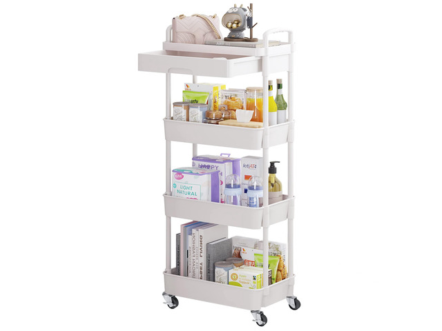 4-Tier Utility Cart with Drawer & Wheels, Storage for Home,Office Space-Saving Organizer, Sturdy Plastic Shelves, Smooth-Rolling Metal Wheels,...