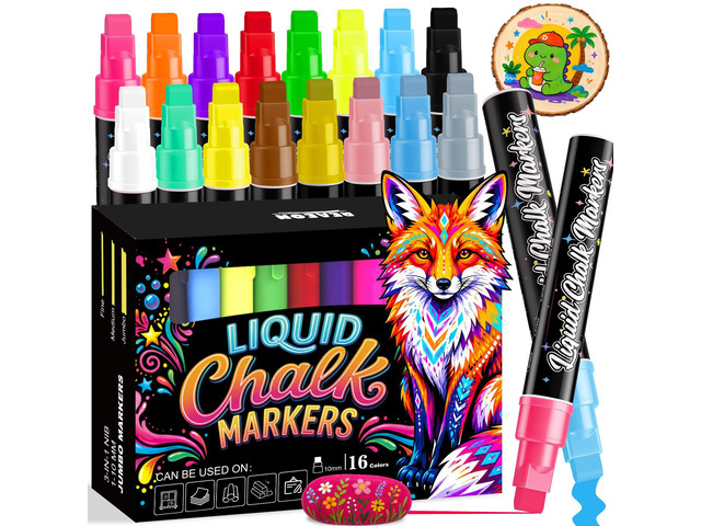 16 Color Jumbo Liquid Chalk Markers - Wet Erase Window Chalk Markers with 10mm 3 in 1 Nib Thick Wide Tips - For Glass, Posters, Windows, Mirror,...