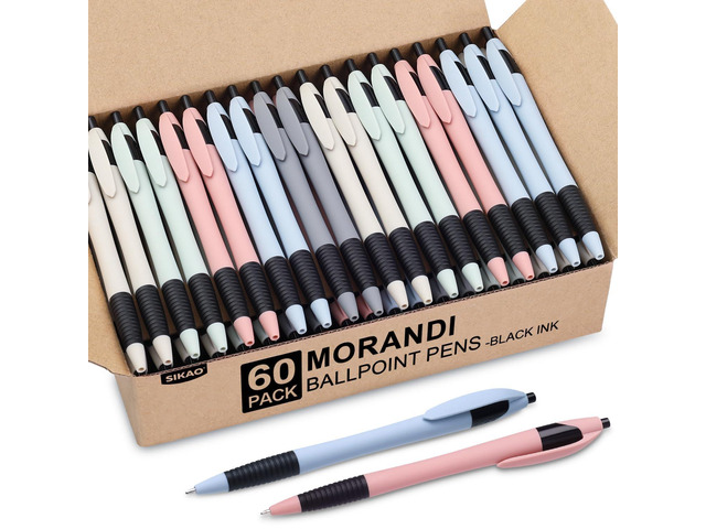 Pens Bulk, 60 Pack Gripped Slimster Ballpoint Pens -Morandi Black Ink 1.0mm, No Bleed No Skip Smooth Writing, Click Pens with Soft Grip for Teacher...
