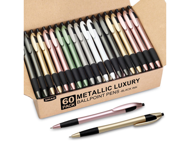 Pens Bulk, 60 Pack Gripped Slimster Ballpoint Pens -Luxe Metallic Black Ink 1.0mm No Bleed No Skip Smooth Writing, Aesthetic Office Pens for...