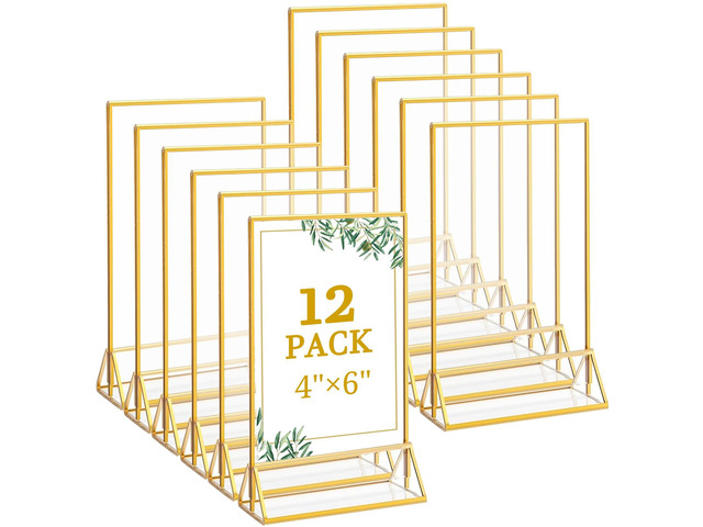 12 Pack 4x6 Inch Clear Acrylic Sign Holders, Double-Sided Gold Display Stand Picture Frames for Table Numbers, Menus, Flyers, Weddings, and Offices