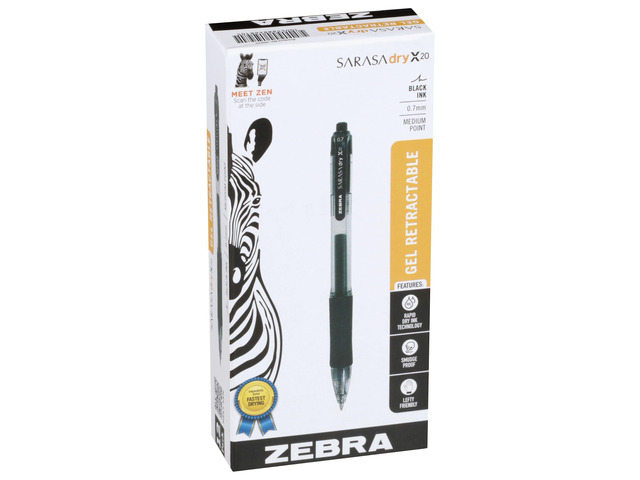 SARASA X20 Retractable Gel Pen, Black Ink, 0.7mm, 12-Pack Rapid-Dry Ink, Smear-Resistant, Ideal for Left-Handed Writers, Note-Taking, Office,...