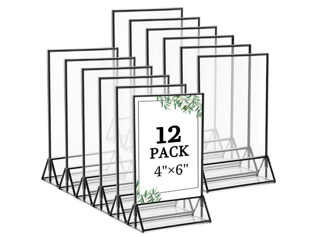 12 Pack 4x6 Inch Clear Acrylic Sign Holders, Double-Sided Black Display Stand Picture Frames for Table Numbers, Menus, Flyers, Weddings, and Offices