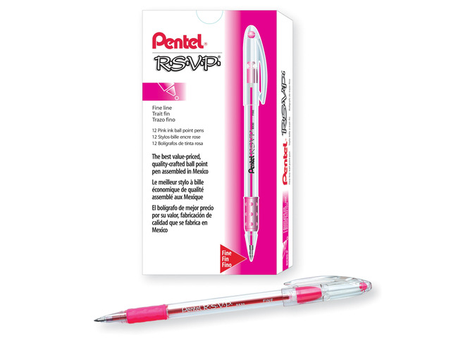 RSVP Ballpoint Pen, (0.7mm) Fine Line, Pink Ink, Box of 12 (BK90-P)