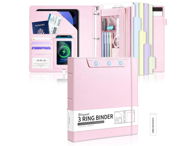 Pink Leather Binder with Magnetic Clipboard, 1 Inch Binders 3 Ring with Storage Zipper Pouch, Pocketed Dividers, Professional Clipboard Folder for...