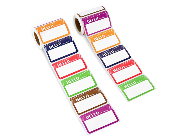 L LIKED 600 Assorted Name Tags for School Office Home, 6 Colors, No Residue 'Hello My Name is' Design, 2 Rolls, 300 Pcs/Roll, Self-Adhesive, Easy...