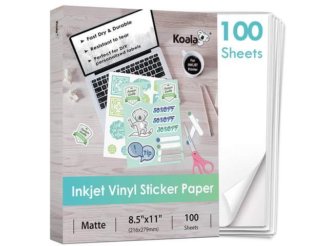 Vinyl Sticker Paper for Inkjet Printer Matte 100 Sheets, Vivid Colors Waterproof, Removable, Work with Cutting Machine, White, 8.5x11 Inch, for...