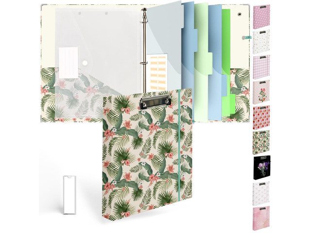 3 Ring Binder 1 inch with Clipboard - Tropical Palm Leaf Design, Includes Dividers, File Bag & Spine Label - Perfect for School, Office, and...