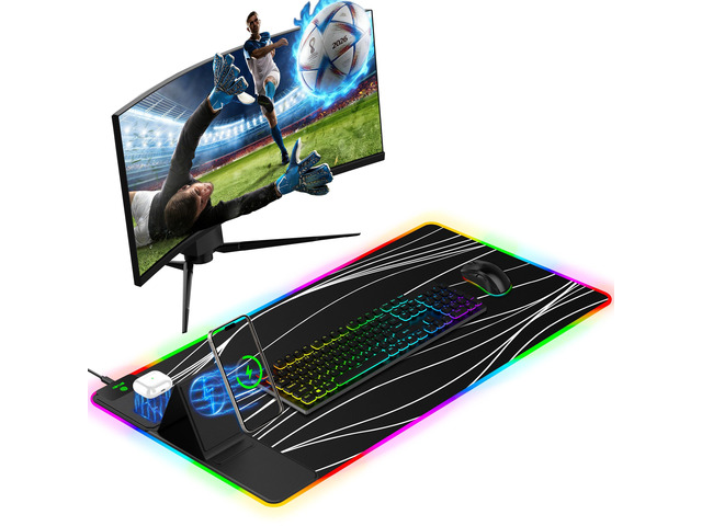 Mouse Pad with Foldable Phone Holder & Wireless Charger, XXL RGB Gaming Mousepad 31.5'x15.8' Large Desk Mat for Keyboard, Black Desk Pad with Dual...