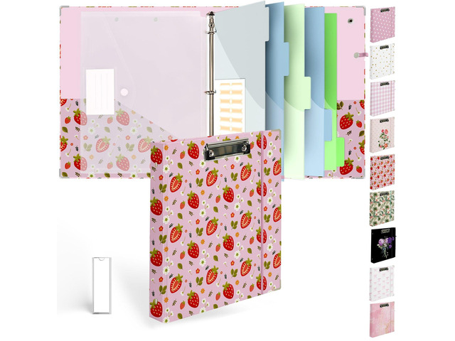 3 Ring Binder 1 inch with Clipboard - Pink Strawberry Design, Includes Dividers, File Bag & Spine Label - Cute and Practical for Students and...