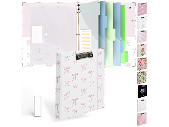 3 Ring Binder 1 inch with Clipboard - White & Pink Bow Design, Includes Dividers, File Bag & Spine Label - Classic and Elegant for School or Work,...