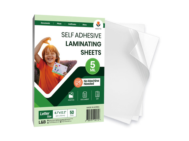 Self-Adhesive Laminating Sheets, Fits 8.5 x 11, No Machine, 50 Pk 8.7 x 12.2 in cold lamination film, 5 mil clear gloss. No laminator or heat. Bulk...