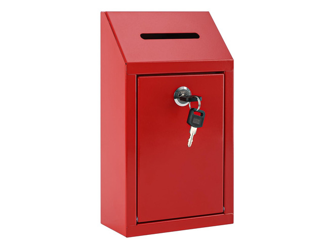 Cash Box for Farm Stand, Money Drop Box with Lock & Slot, Red Wall mount, self-service payment drop, porch pickup, 2 keys, hardware included, 10.24...