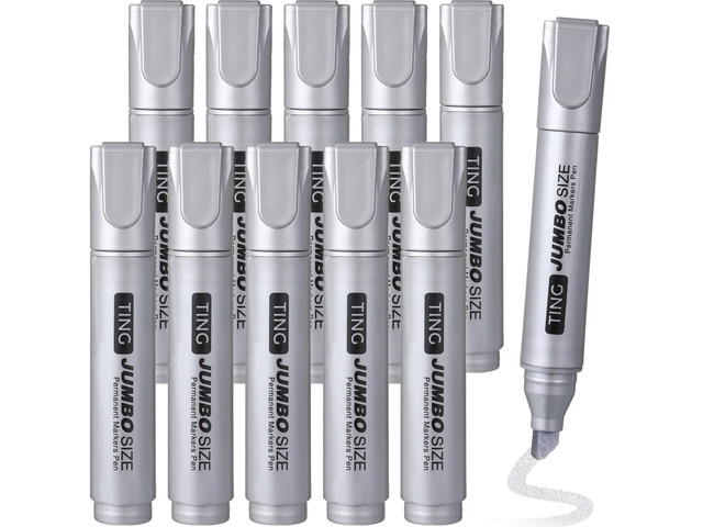 10 Pack Jumbo Permanent Markers Chisel Tip Quick Dry Silver Waterproof, Large Big Poster Pens Bulk for Office, Logistics Company and More