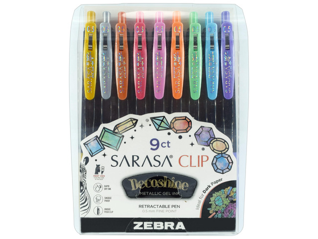 SARASA Clip Retractable Gel Pen, Assorted Metallic Ink, 9-Pack Fine 0.5mm Point Tip, Works Well on Dark Paper, Decoshine, Ideal for Planners and...
