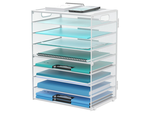 9-Tier Paper Organizer for Desk, Metal Mesh Letter Tray with Handles, White Desk File Organizer with Removable Trays for Sorting Files, Folders,...