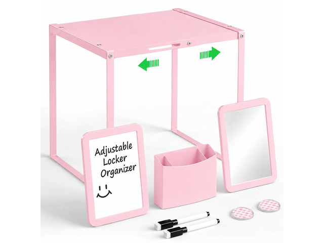 Adjustable Pink Locker Shelf Organizer Kit for School Locker Decor Easy Assembly, Metal Locker Accessories with Shelf, Mirror, Pen Holder,...