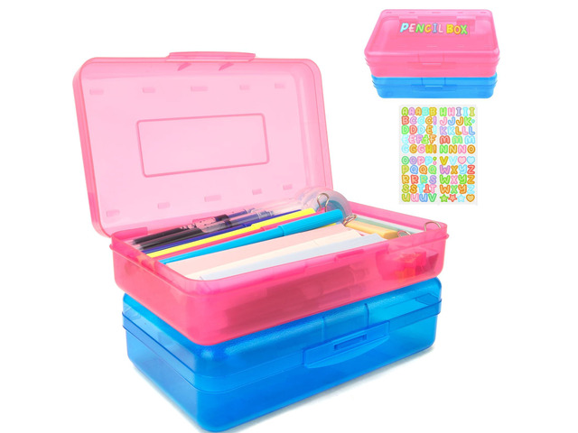 Pink Blue Pencil Case 2 Pack - Large Capacity Plastic Pencil Box Organizer
