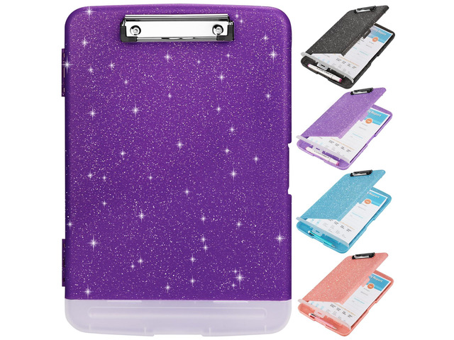 Glitter Clipboard with Storage,Storage Clipboard with Pen Holder,A4 Binder Clip Boards 8.5x11 with Low Profile Clip,Side Opening Sparkle...