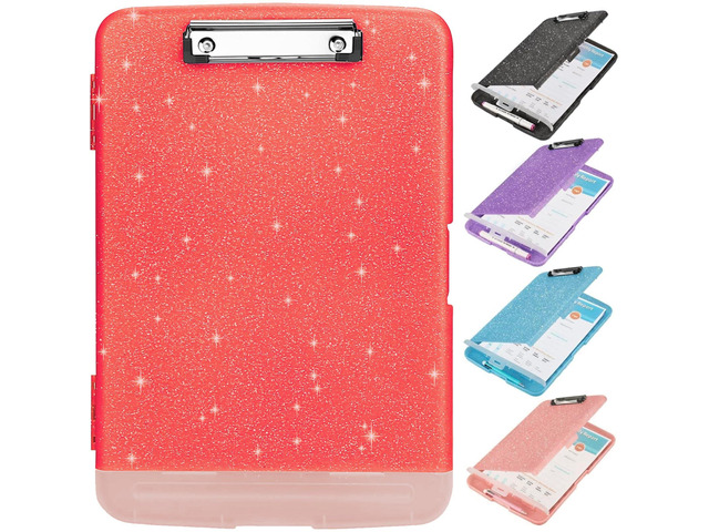 Glitter Clipboard with Storage,Storage Clipboard with Pen Holder,A4 Binder Clip Boards 8.5x11 with Low Profile Clip,Side Opening Sparkle...