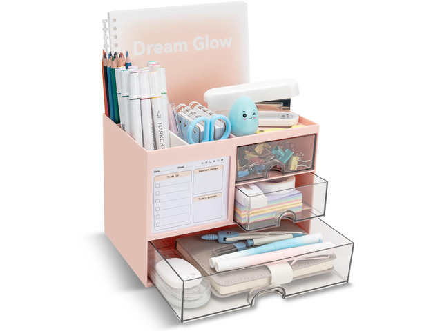 Multi-Functional Desk Organizer with 3 Drawer and 8 Compartments, Pink