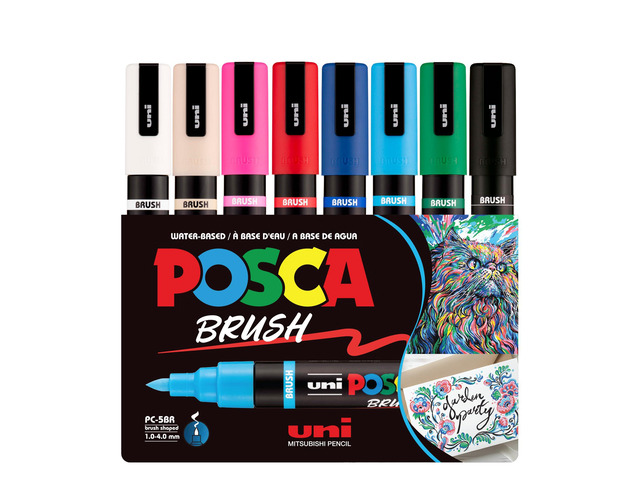 PC-5BR Brush Tip Paint Markers, 8 Count Reversible Brush Set Tip size 1.04.0 mm, Water-Based Opaque Paint Pens for Lettering, Calligraphy,...