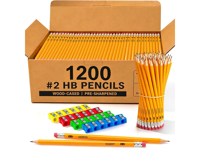 1200 Pack #2 HB Pre-Sharpened Wood-Cased Graphite Pencils Bulk Pack with 24 Pencil Sharpeners and Top Erasers, for Writing, Drawing and Sketching,...